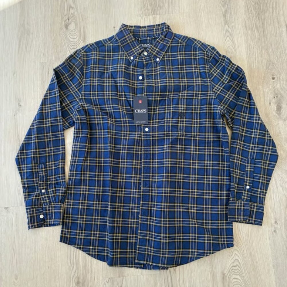 Chaps Shirt Mens Size Medium Blue Yellow Plaid Button Up Cotton Oxford NWT